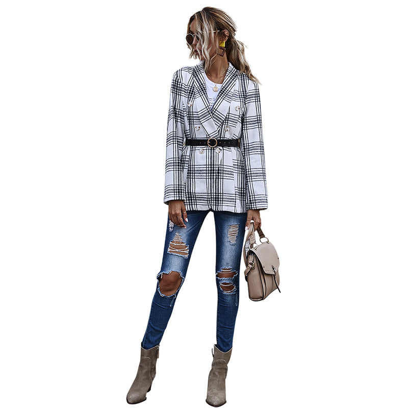 Slim-fit Plaid Double-breasted Small Blazer