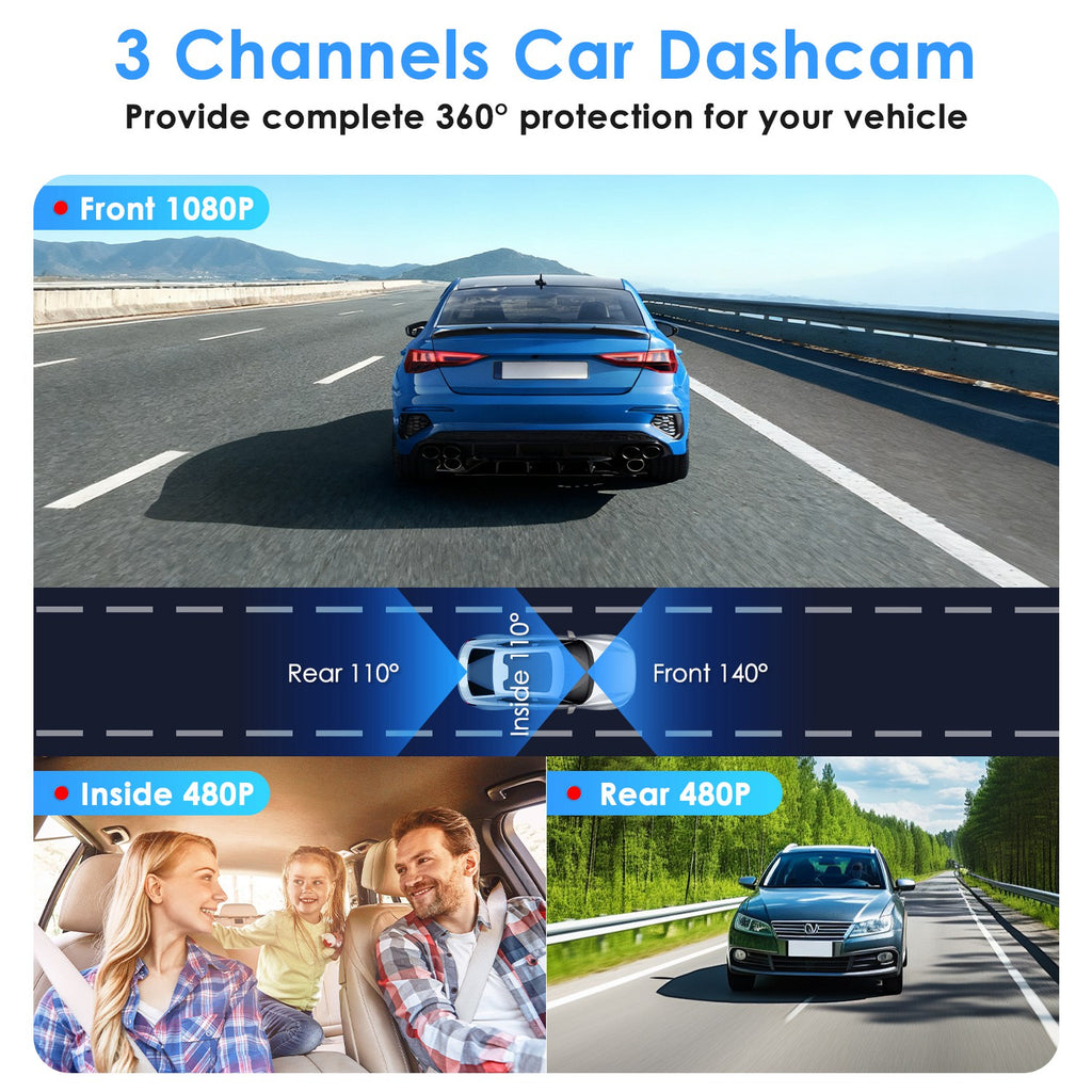 WiFi FHD 1080P 3 Channel Car Dash Cam Front Rear Inside With 32G MMC Card Motion Detection Loop Recording Infrared Night Vision Surveillance Car Camera With App Control